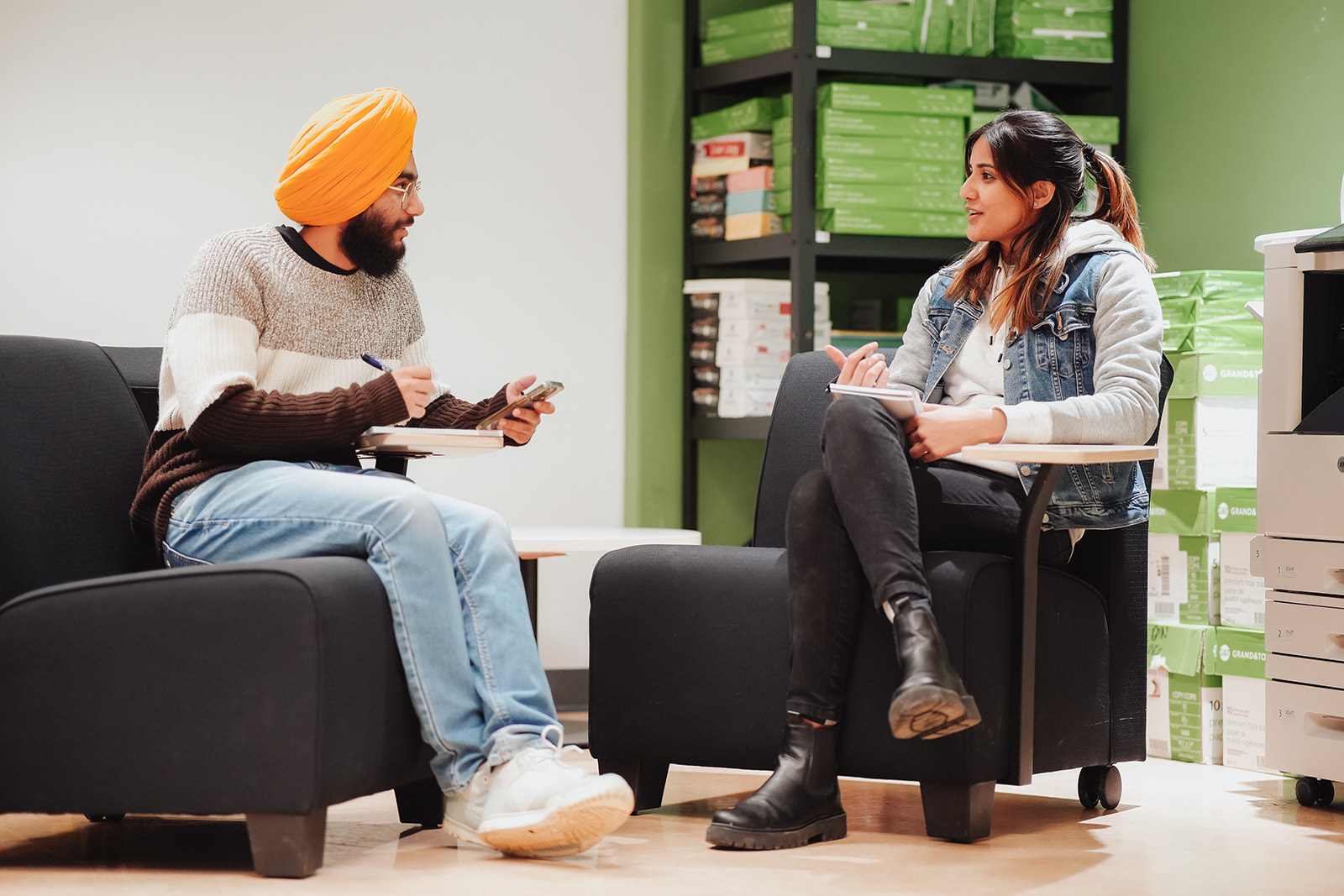 SUVCC Man Women Talking With Printer